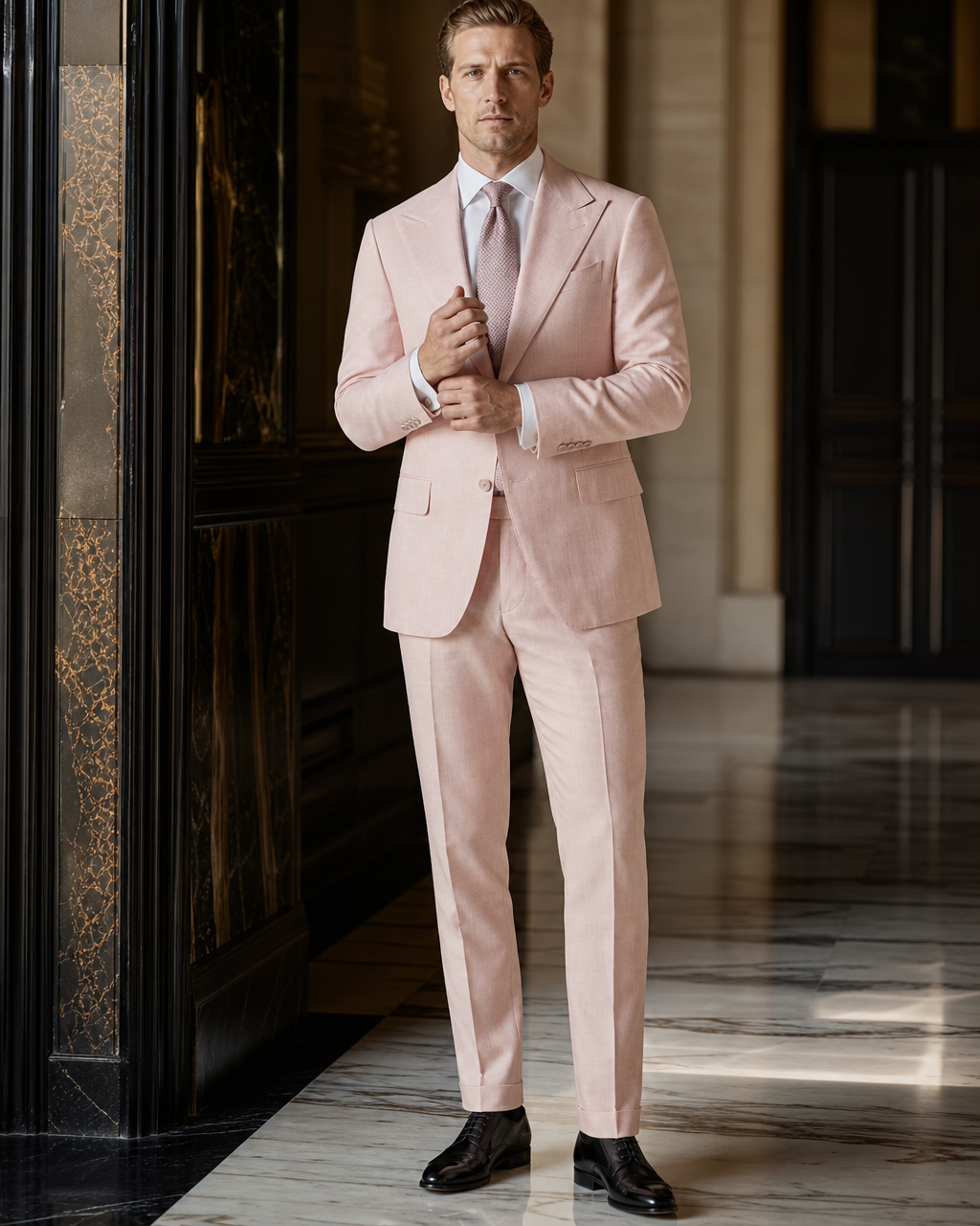 Blush Pink Linen Summer Suit - Custom Made to Measure front view