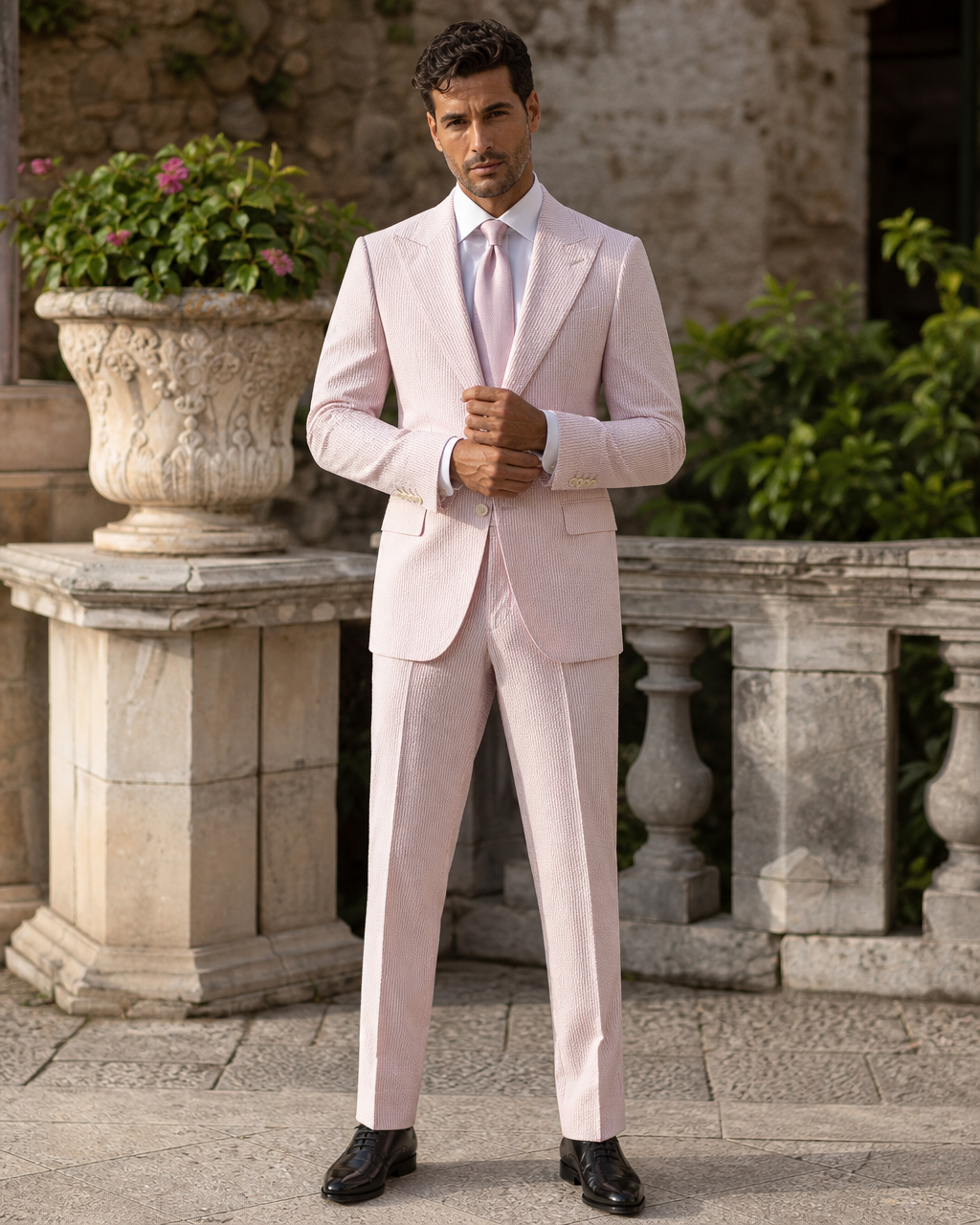 Blush Pink Seersucker Outdoor Wedding Suit — Custom Made to Measure front view