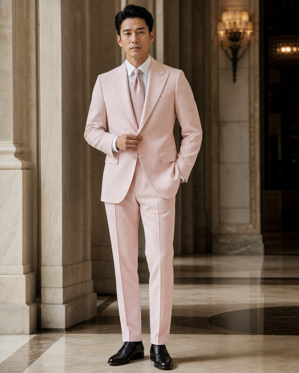 Blush Pink Seersucker Summer Suit - Custom Made to Measure front view