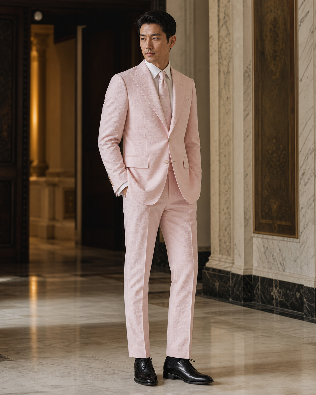Blush Pink Seersucker Summer Suit - Custom Made to Measure side back view