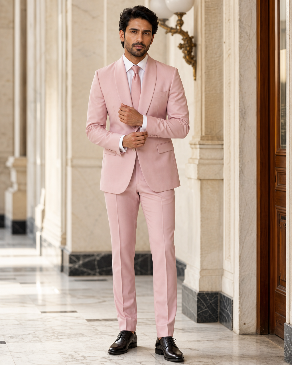 Blush Pink Silk Blend Shawl Lapel Suit - Custom Made to Measure front view