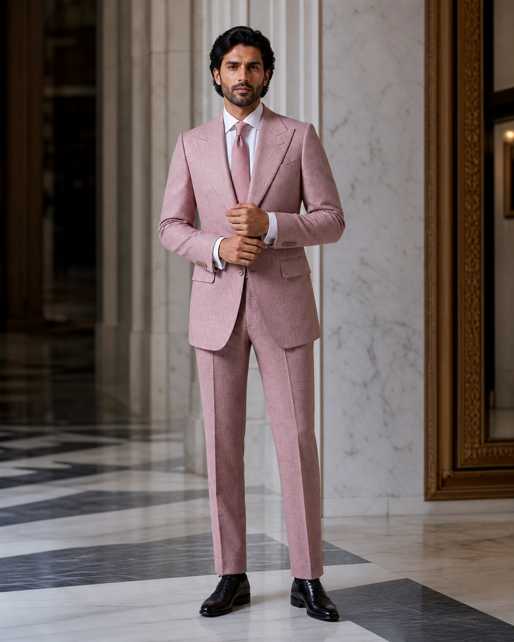 Blush Pink Tweed Winter Suit - Custom Made to Measure front view