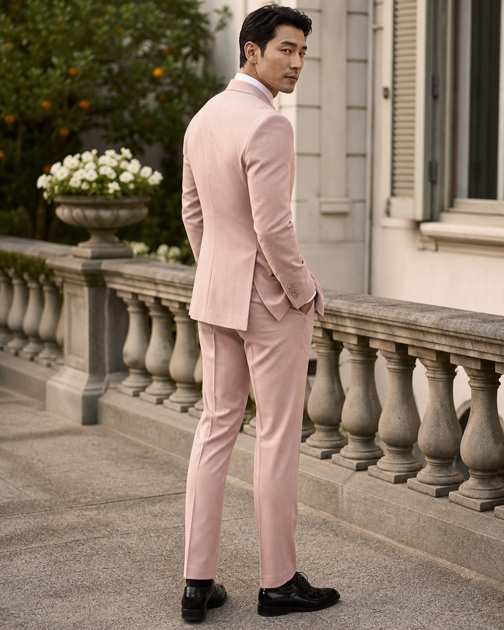 Blush Pink Wool Outdoor Wedding Suit — Custom Made to Measure side back view