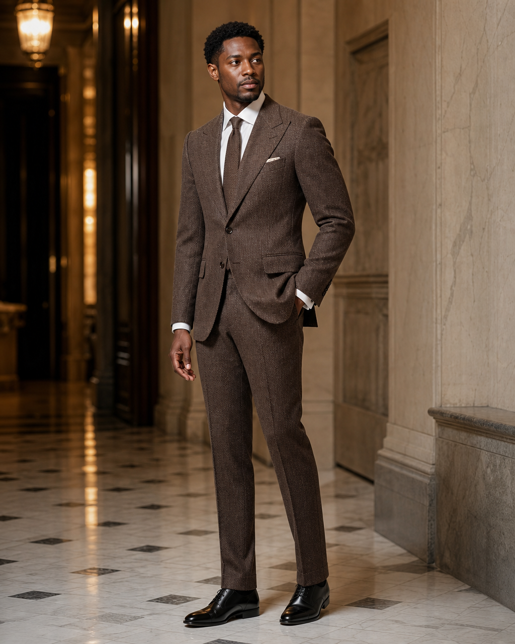Brown Herringbone Winter Suit - Custom Made to Measure side back view