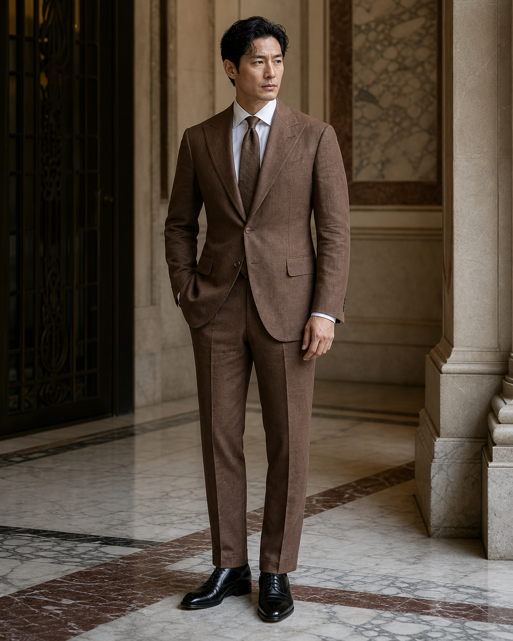 Brown Linen Summer Suit - Custom Made to Measure side back view