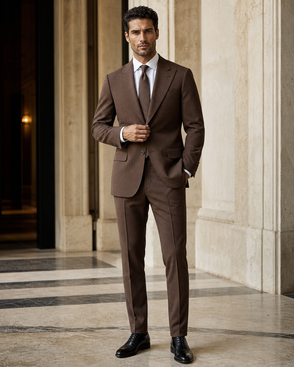 Brown Seersucker Summer Suit - Custom Made to Measure front view