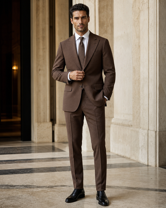 Brown Seersucker Summer Suit - Custom Made to Measure front view