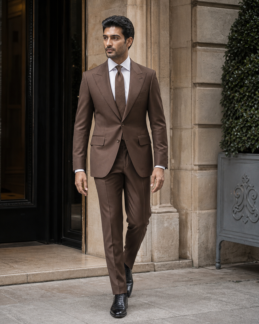 Brown Silk Blend Peak Lapel Suit — Custom Made to Measure