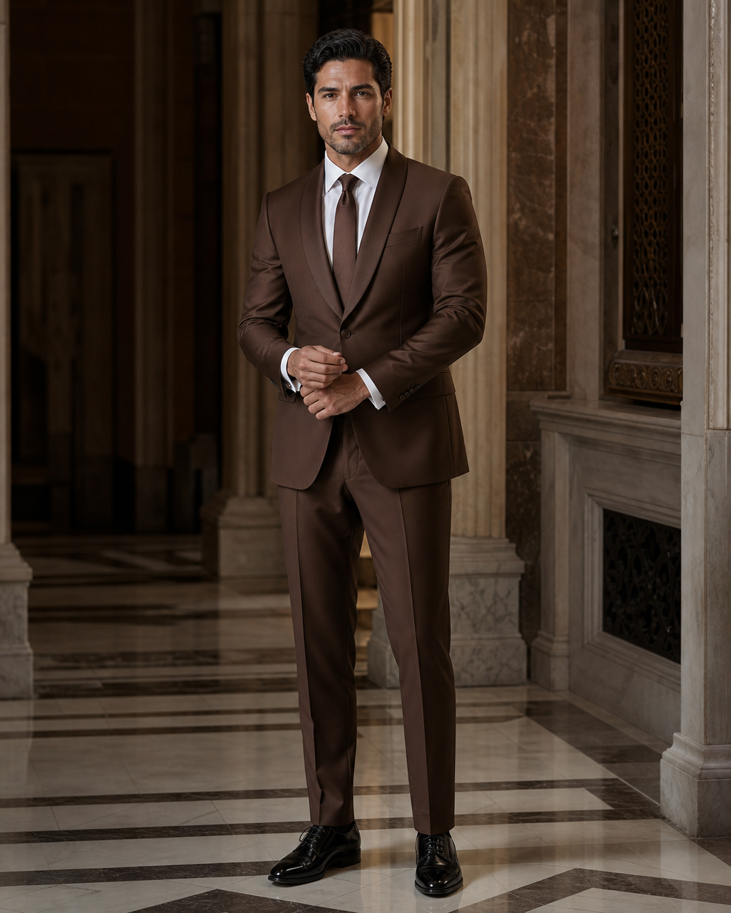 Brown Silk Blend Shawl Lapel Suit - Custom Made to Measure front view