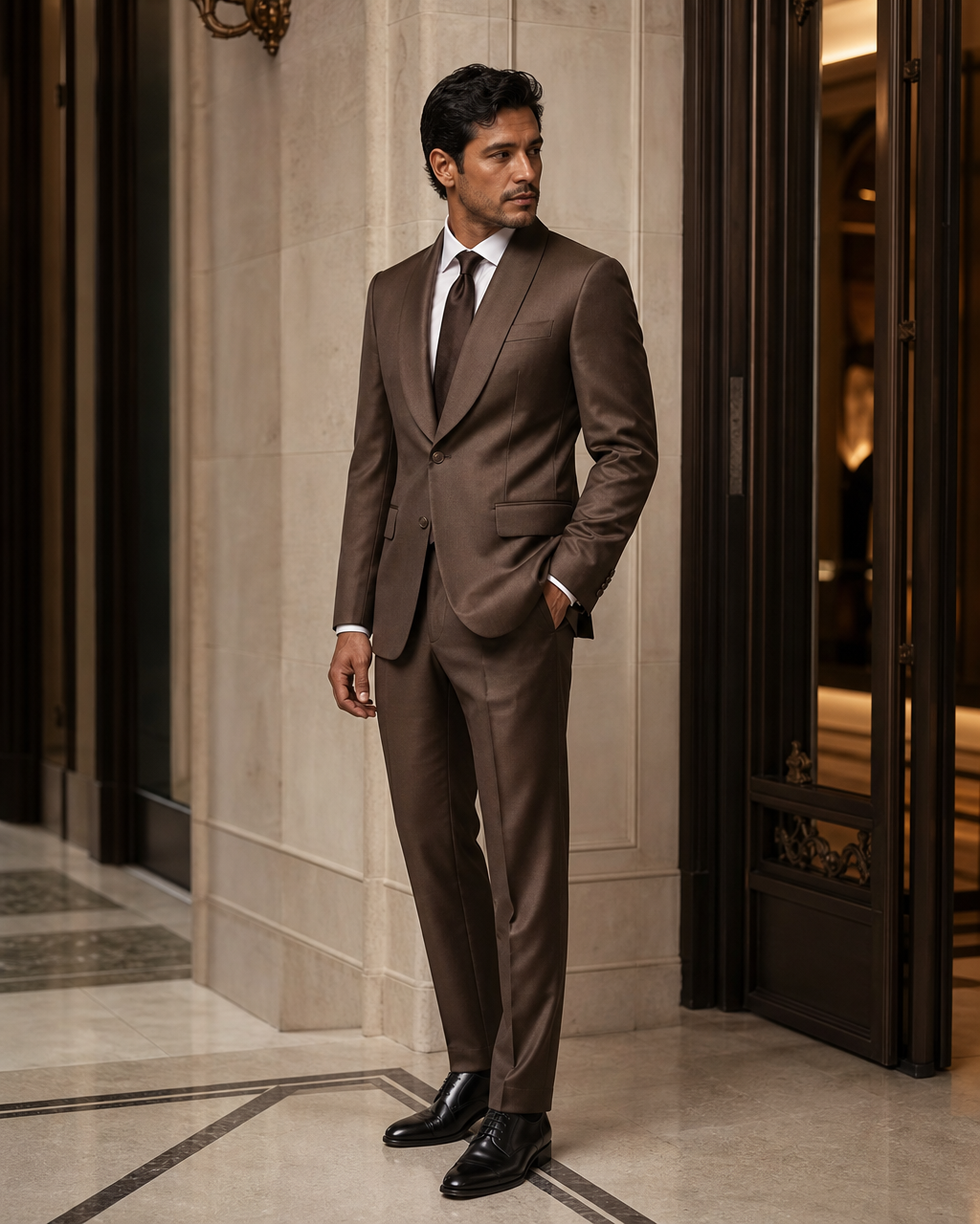 Brown Silk Blend Shawl Lapel Suit - Custom Made to Measure side back view
