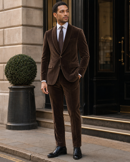 Brown Velvet Shawl Lapel Suit - Custom Made to Measure fabric texture close up
