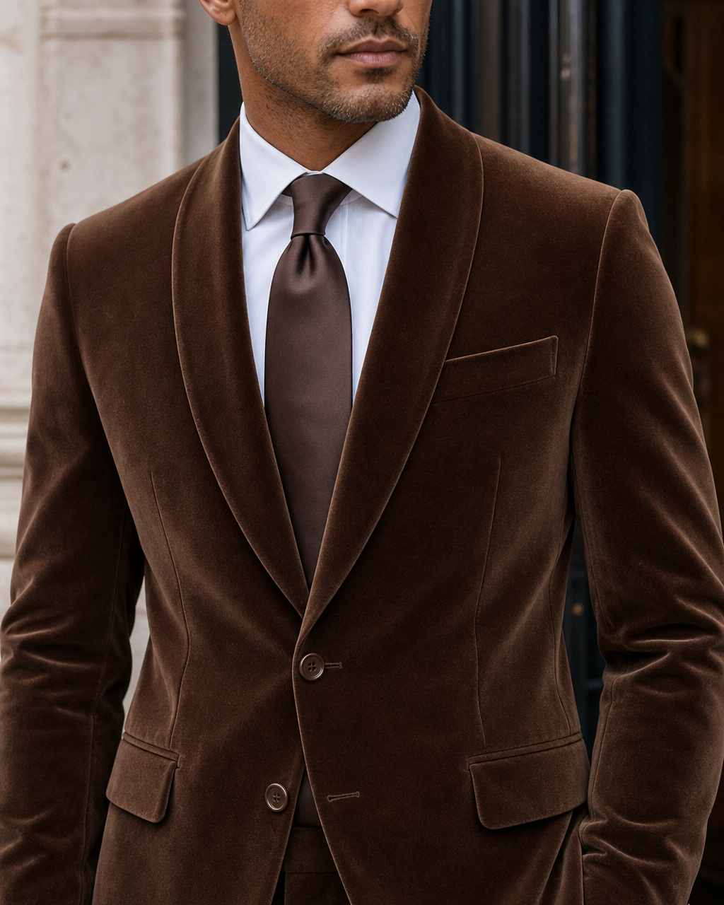 Brown Velvet Shawl Lapel Suit - Custom Made to Measure lapel chest close up