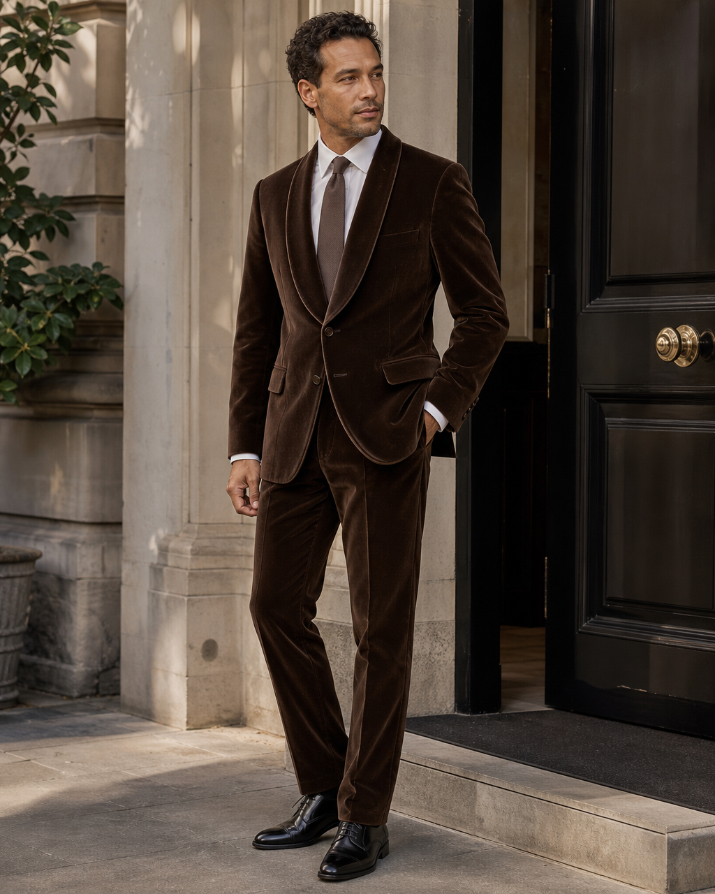Brown Velvet Shawl Lapel Suit - Custom Made to Measure side three quarter view