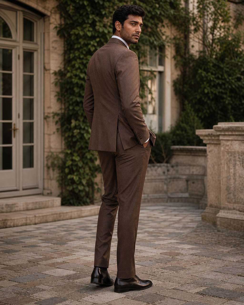 Brown Wool Outdoor Wedding Suit — Custom Made to Measure side back view