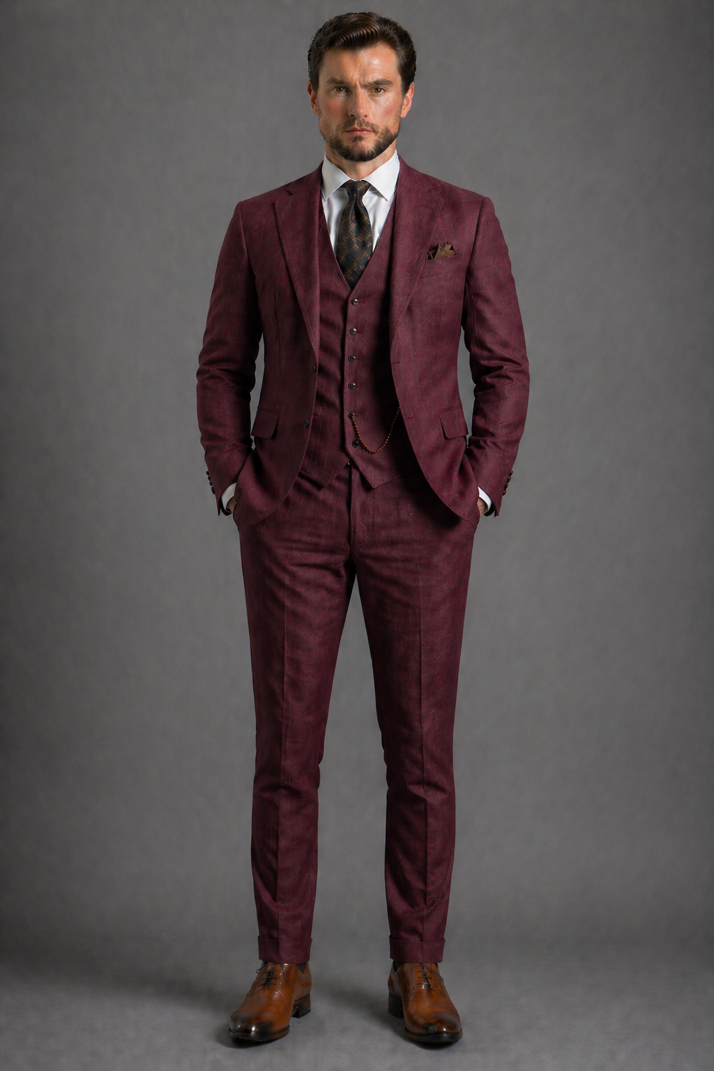 Burgundy Linen Slim Fit Suit — Custom Made to Measure