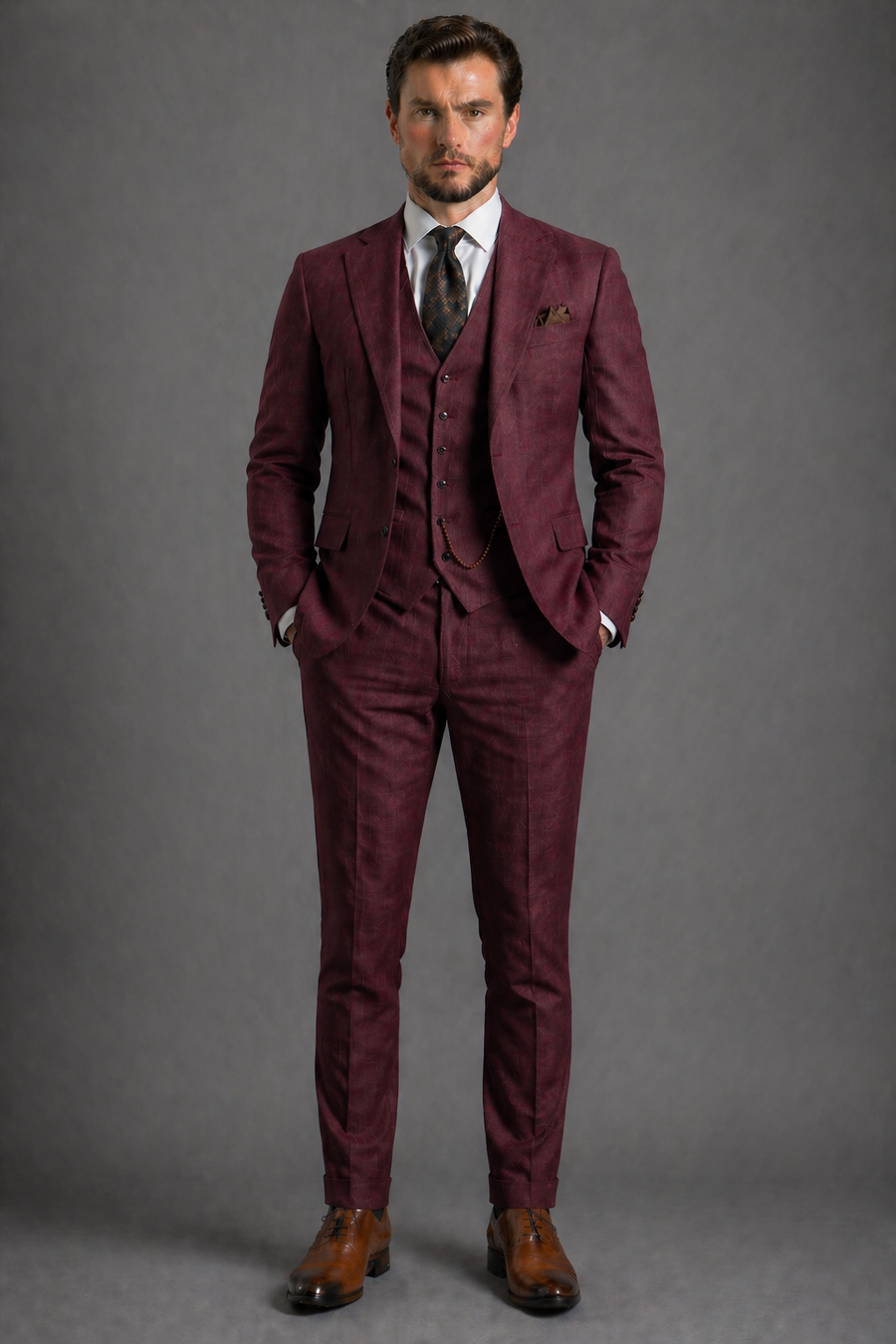Burgundy Linen Slim Fit Suit — Custom Made to Measure