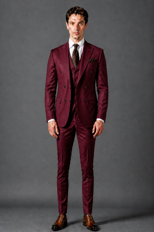 Burgundy Silk Blend Double Breasted Suit — Custom Made to Measure