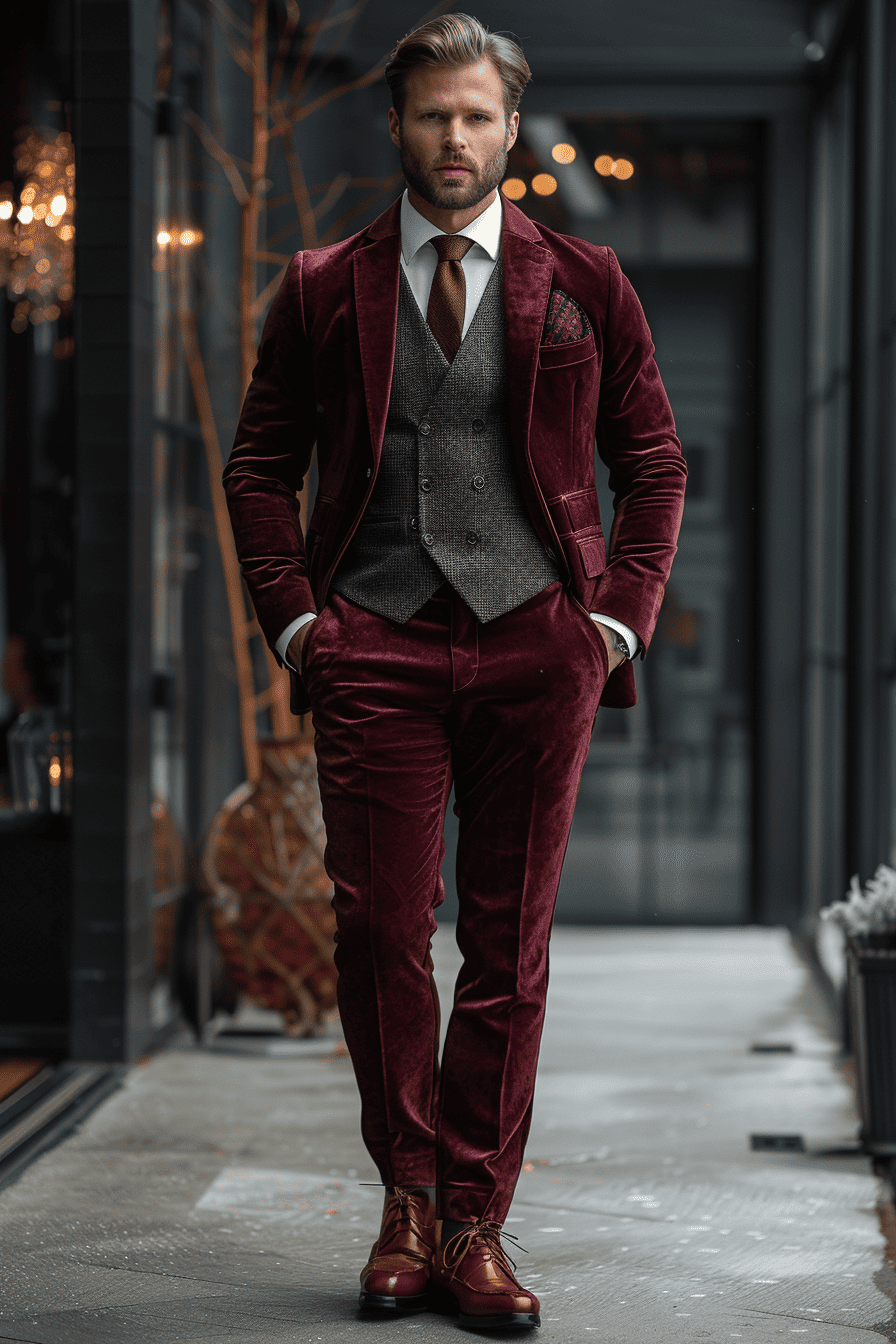 Burgundy Velvet Prom Suit — Custom Made to Measure