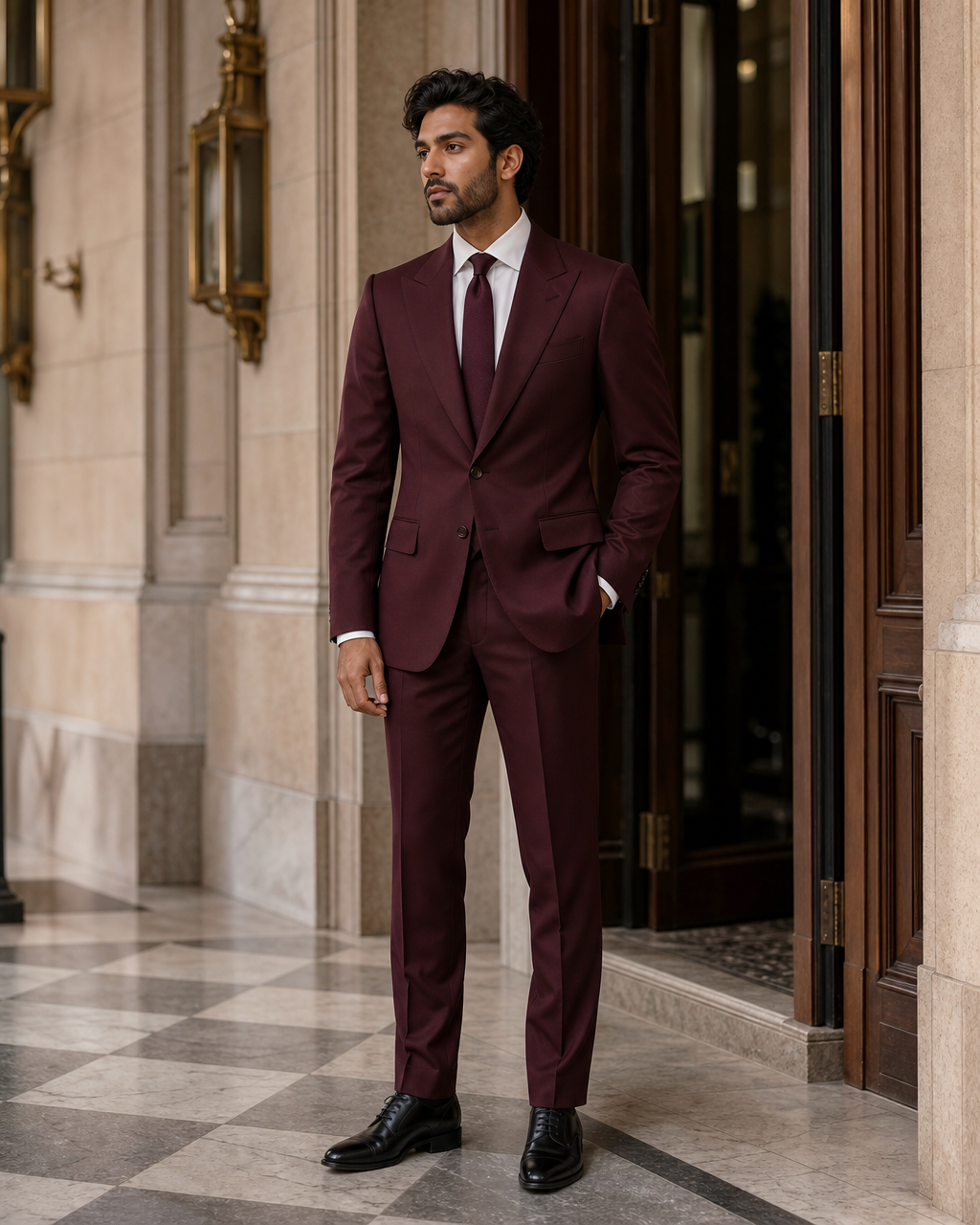 Burgundy Cotton Outdoor Wedding Suit - Custom Made to Measure side back view