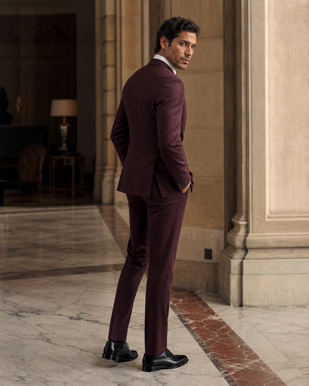 Burgundy Flannel Winter Suit - Custom Made to Measure side back view