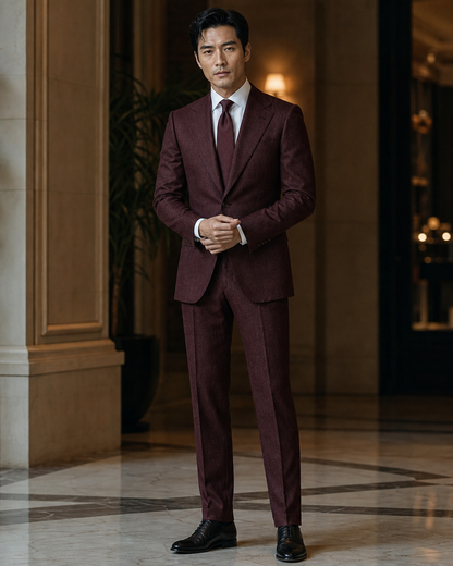 Burgundy Herringbone Winter Suit - Custom Made to Measure front view