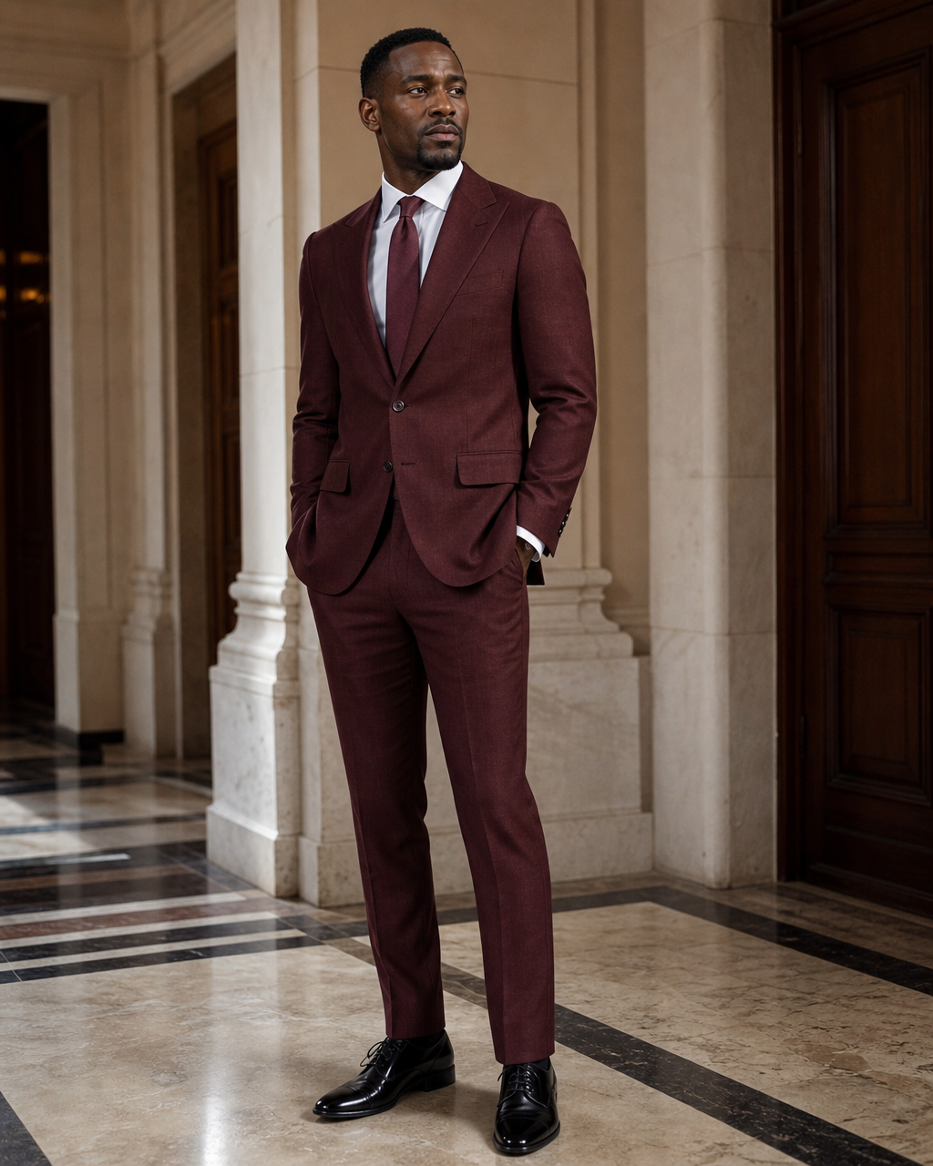 Burgundy Linen Beach Wedding Suit - Custom Made to Measure side back view