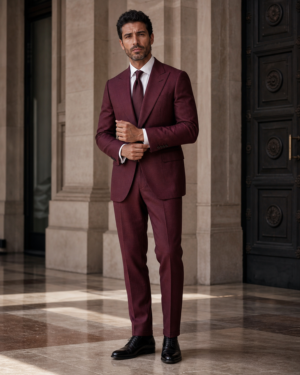 Burgundy Linen Outdoor Wedding Suit - Custom Made to Measure front view