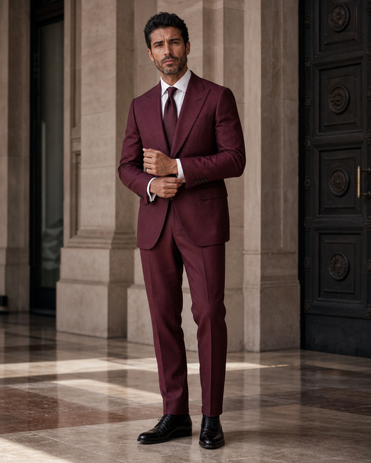 Burgundy Linen Outdoor Wedding Suit - Custom Made to Measure front view