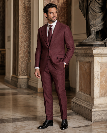 Burgundy Linen Outdoor Wedding Suit - Custom Made to Measure side back view