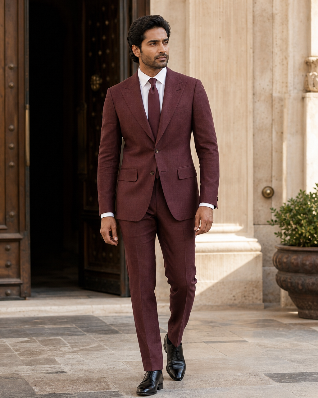 Burgundy Linen Peak Lapel Suit — Custom Made to Measure