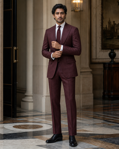 Burgundy Linen Summer Suit - Custom Made to Measure front view