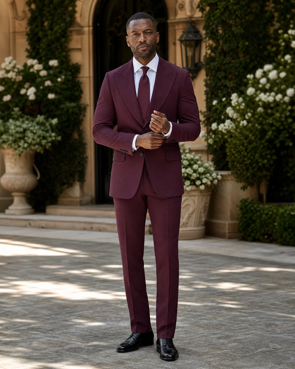 Burgundy Seersucker Outdoor Wedding Suit — Custom Made to Measure front view