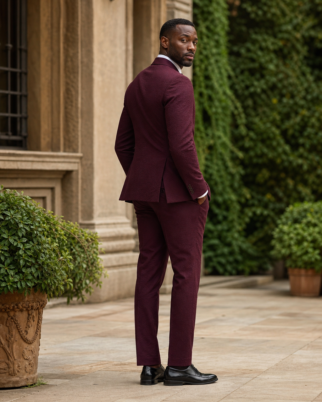 Burgundy Seersucker Outdoor Wedding Suit — Custom Made to Measure side back view