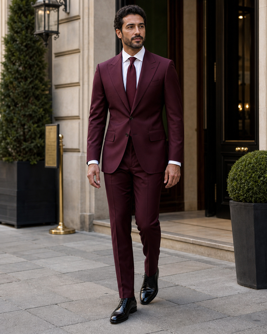 Burgundy Silk Blend Peak Lapel Suit - Custom Made to Measure front view