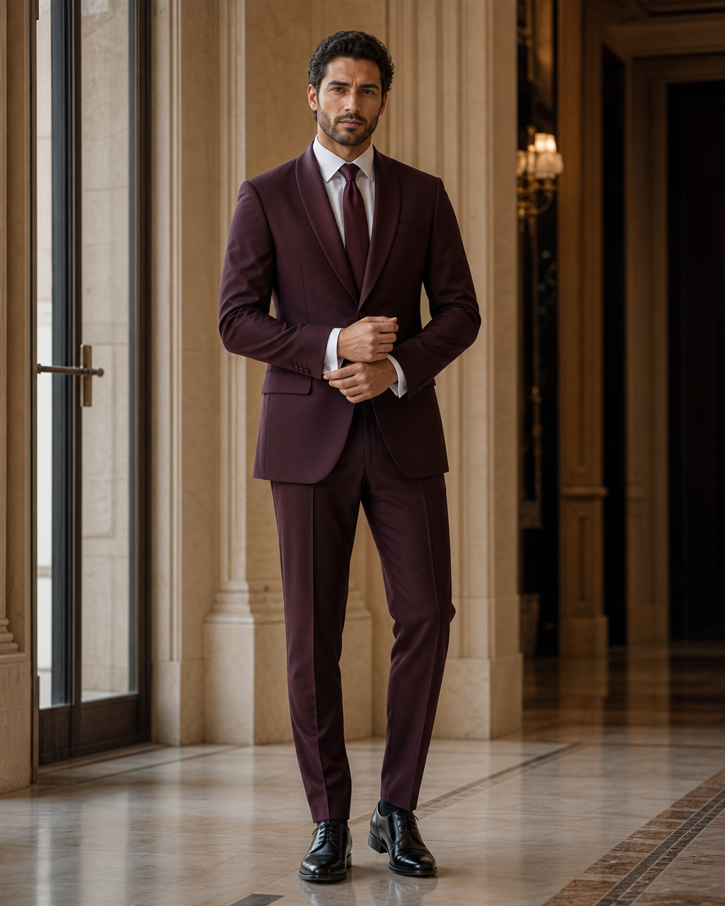 Burgundy Silk Blend Shawl Lapel Suit - Custom Made to Measure front view