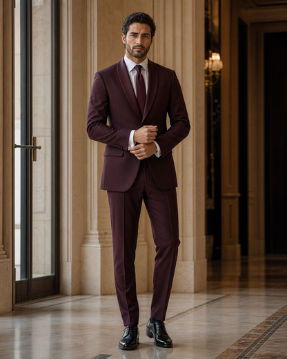 Burgundy Silk Blend Shawl Lapel Suit - Custom Made to Measure front view