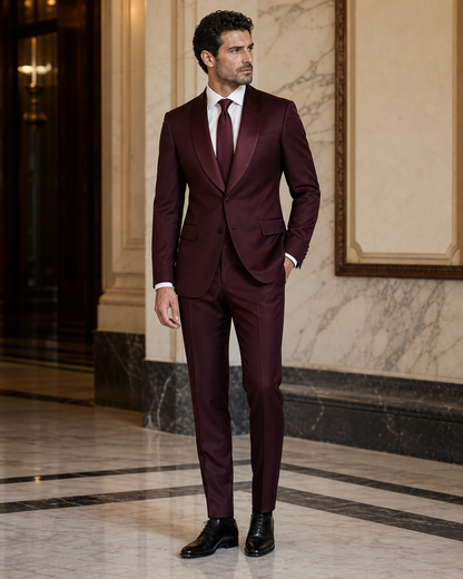 Burgundy Silk Blend Shawl Lapel Suit - Custom Made to Measure side back view