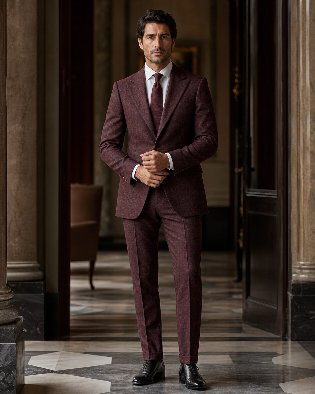 Burgundy Tweed Winter Suit - Custom Made to Measure front view