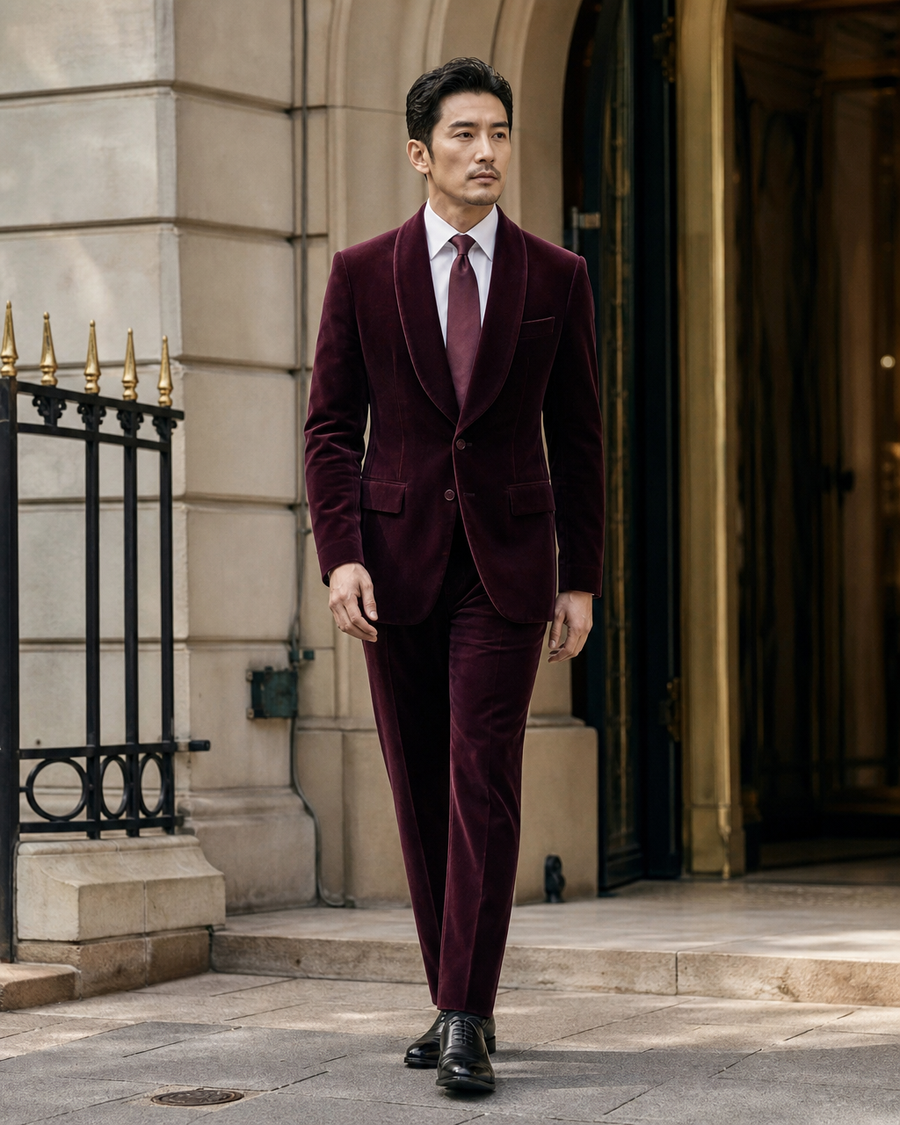 Burgundy Velvet Shawl Lapel Suit — Custom Made to Measure
