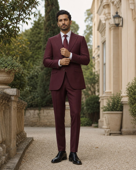 Burgundy Wool Outdoor Wedding Suit — Custom Made to Measure front view