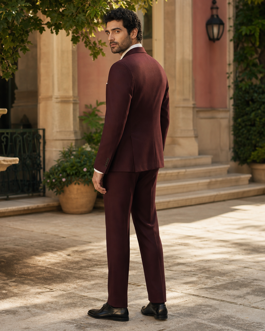 Burgundy Wool Outdoor Wedding Suit — Custom Made to Measure side back view