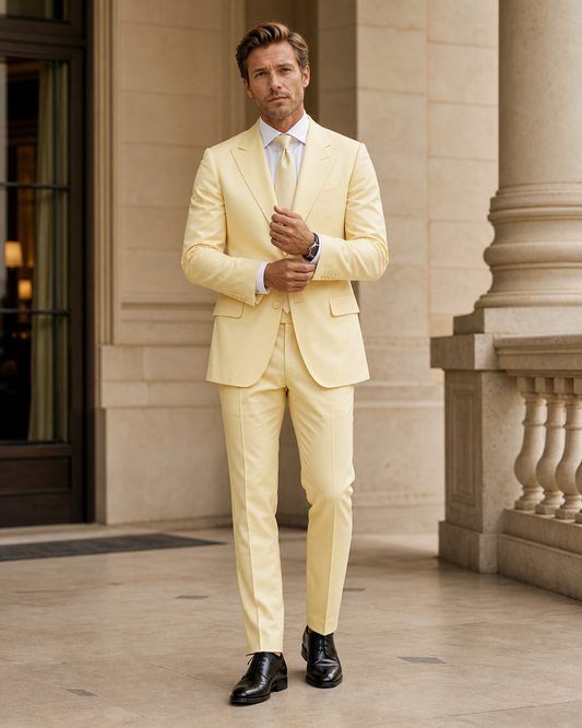 Butter Yellow Cotton Beach Wedding Suit - Custom Made to Measure front view