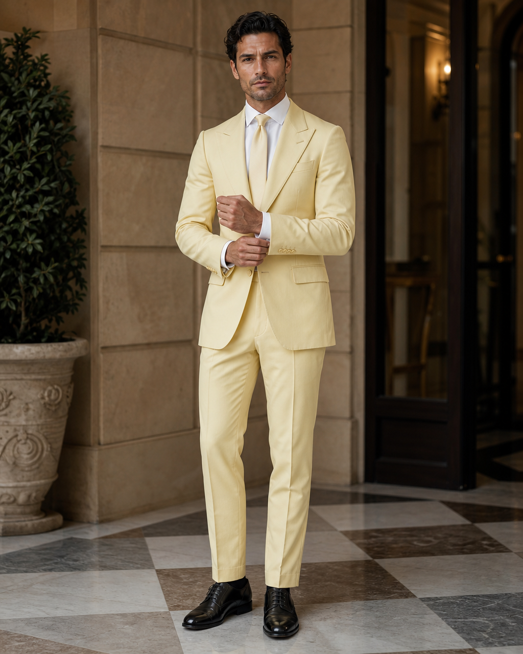Butter Yellow Cotton Outdoor Wedding Suit - Custom Made to Measure front view
