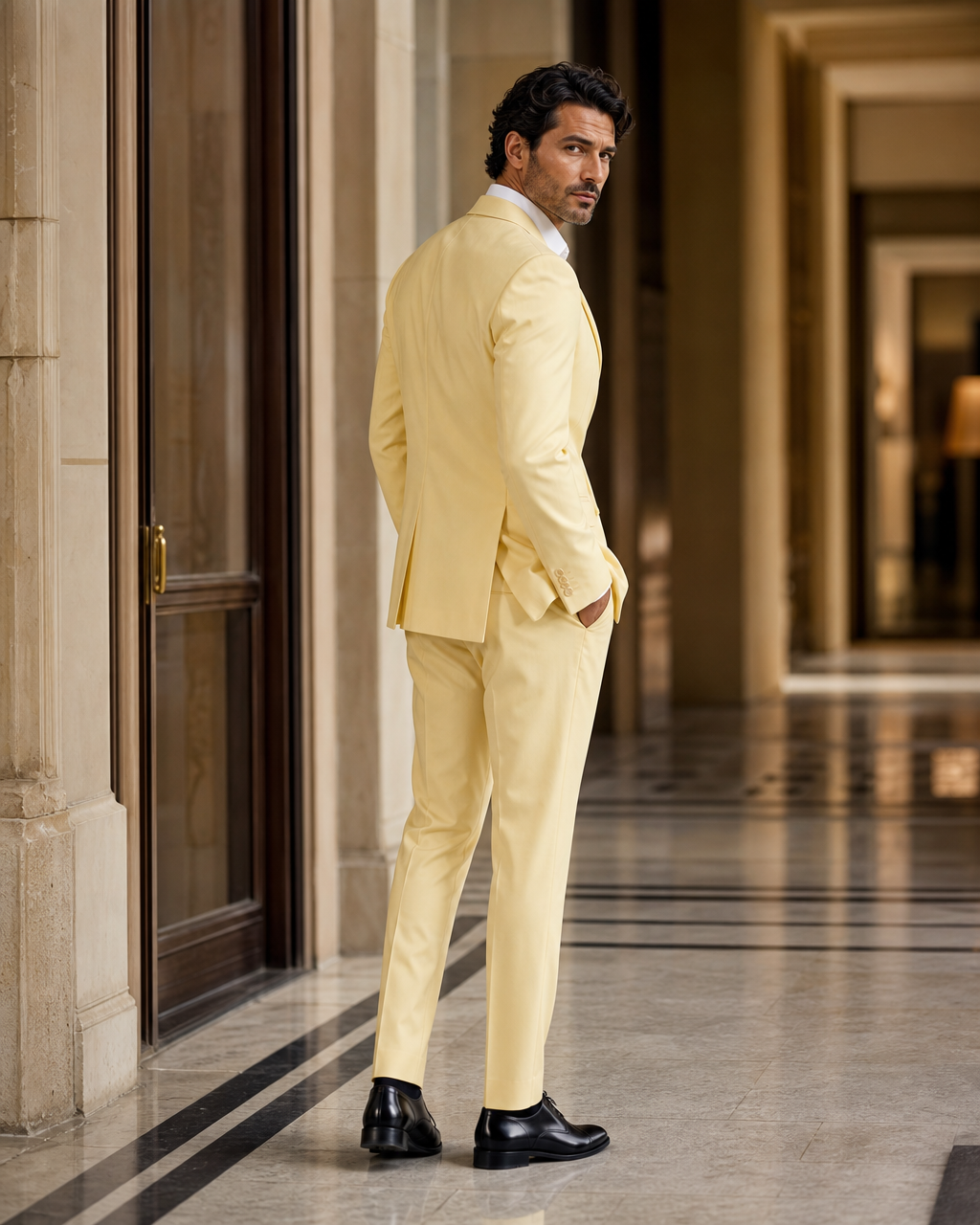 Butter Yellow Cotton Outdoor Wedding Suit - Custom Made to Measure side back view