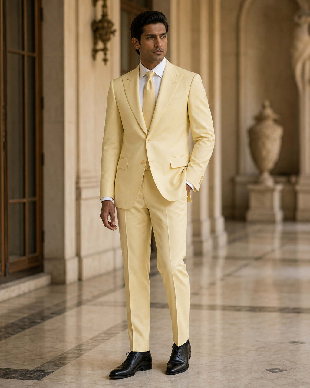 Butter Yellow Cotton Summer Suit - Custom Made to Measure side back view