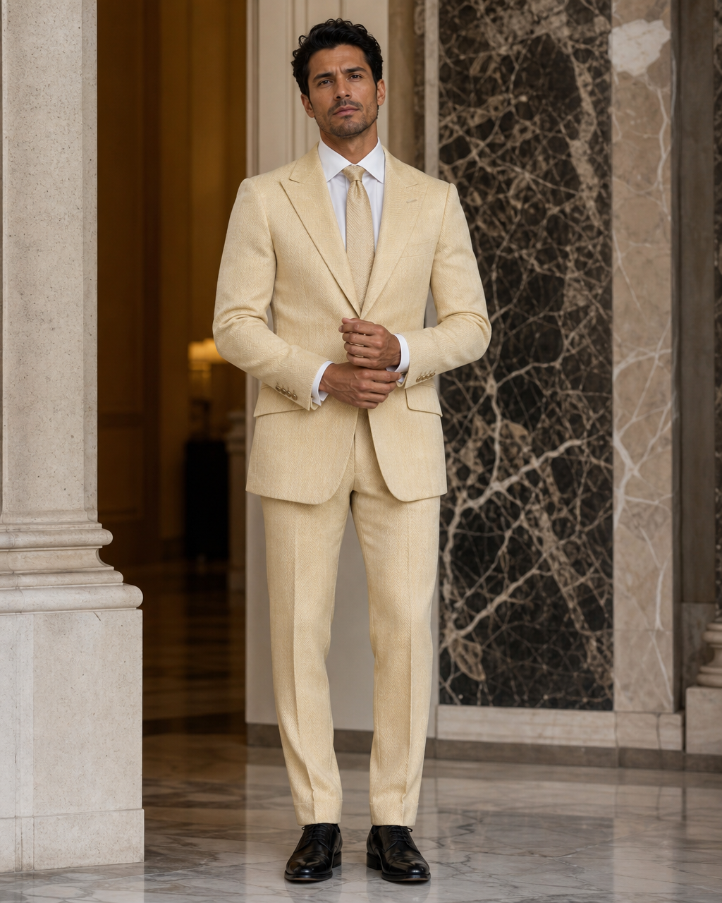 Butter Yellow Herringbone Winter Suit - Custom Made to Measure front view