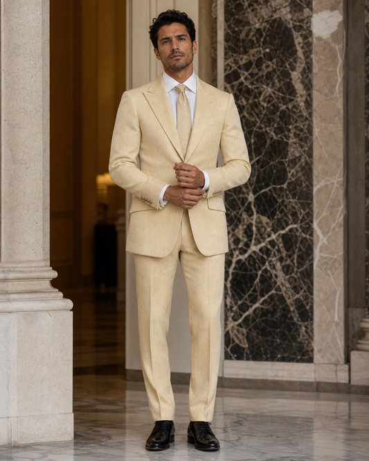 Butter Yellow Herringbone Winter Suit - Custom Made to Measure front view
