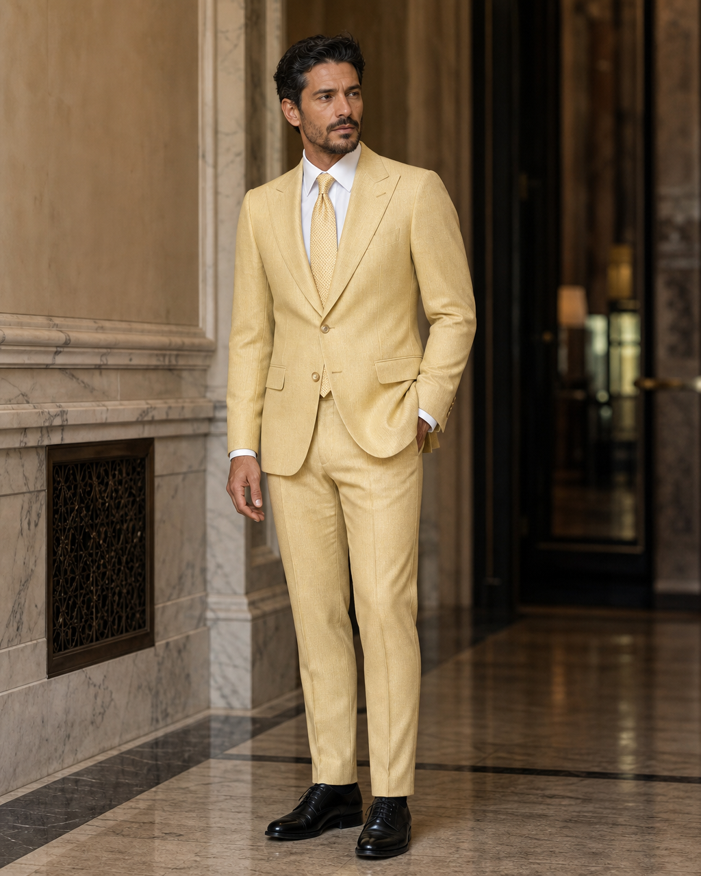 Butter Yellow Herringbone Winter Suit - Custom Made to Measure side back view