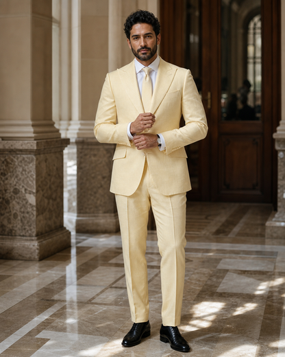 Butter Yellow Linen Beach Wedding Suit - Custom Made to Measure front view