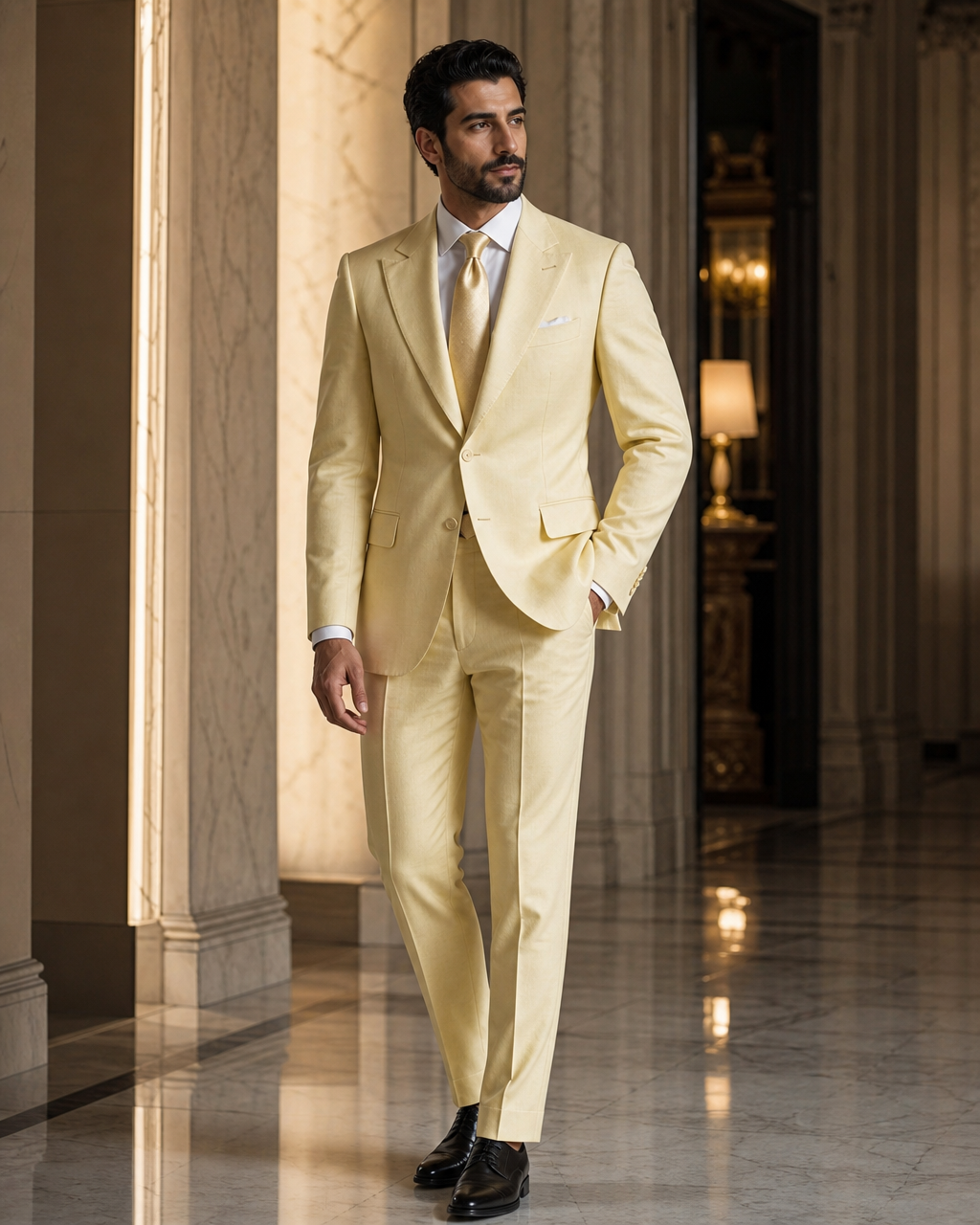 Butter Yellow Linen Beach Wedding Suit - Custom Made to Measure side back view